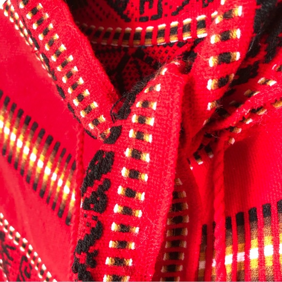 Hippie Poncho Shawl Red Fish Boho StripeGeo Knit Cape Blanket Vintage Fe… - Picture 7 of 12